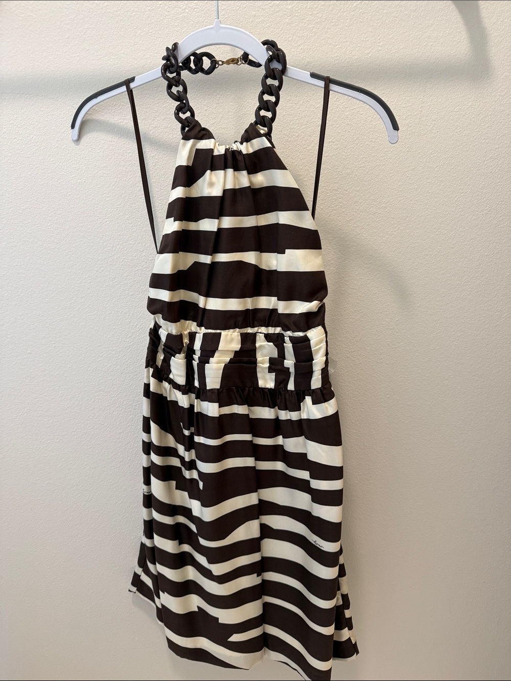 Milky 100% Silk Brown and White Halter Stripped Zebra Print Dress NWT 6